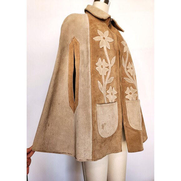 Vintage Leather Suede Poncho Cape Floral Distressed Rustic Oversized Woo… - Picture 2 of 10